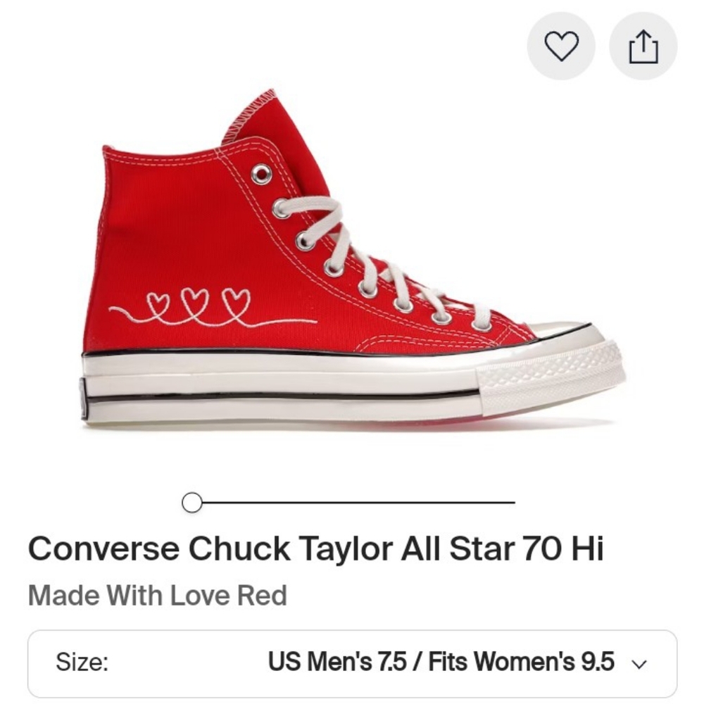 Converse Chuck Taylor All Star 70 Hi Red Made With Love Valentine's Sneakers - Picture 2 of 10